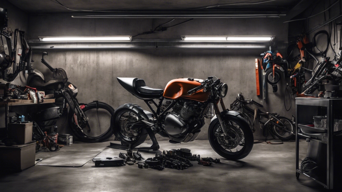 garage plein de pièces moto au milieu